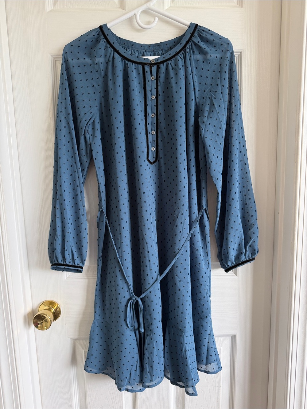 LOFT Dusty Blue Long-Sleeve Polka Dot Tie-Waist Dress with Black Trim